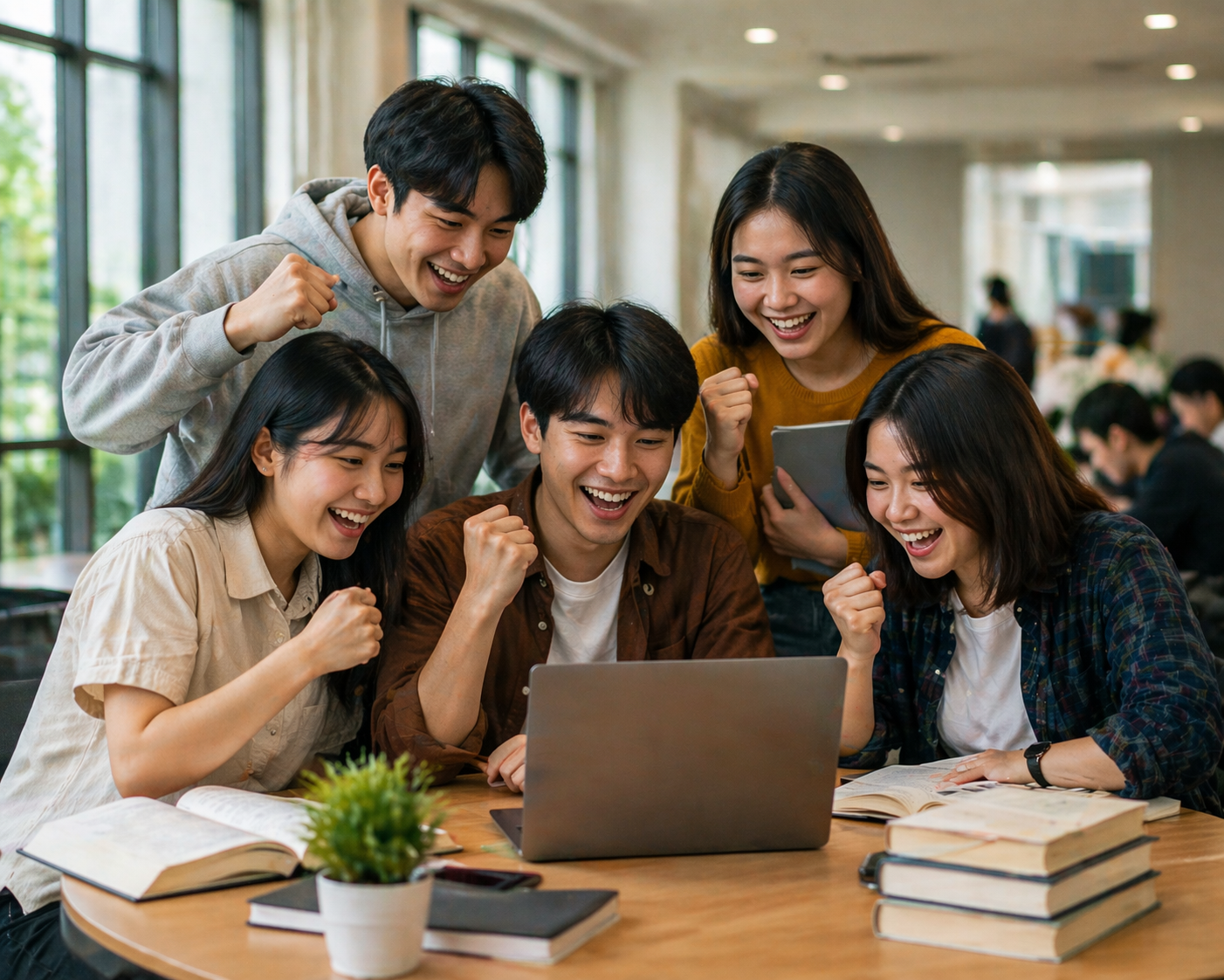 Sekelompok mahasiswa terlihat antusias belajar bersama di ruang kampus sambil melihat laptop, dengan buku dan catatan di meja