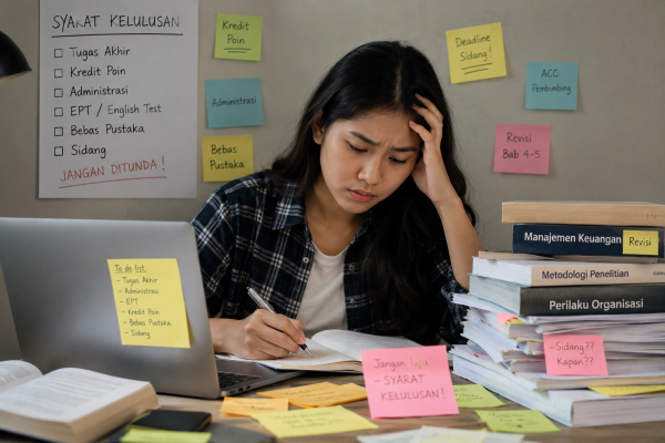 Mahasiswa semester akhir terlihat stres saat belajar di meja penuh catatan, laptop, dan checklist syarat kelulusan