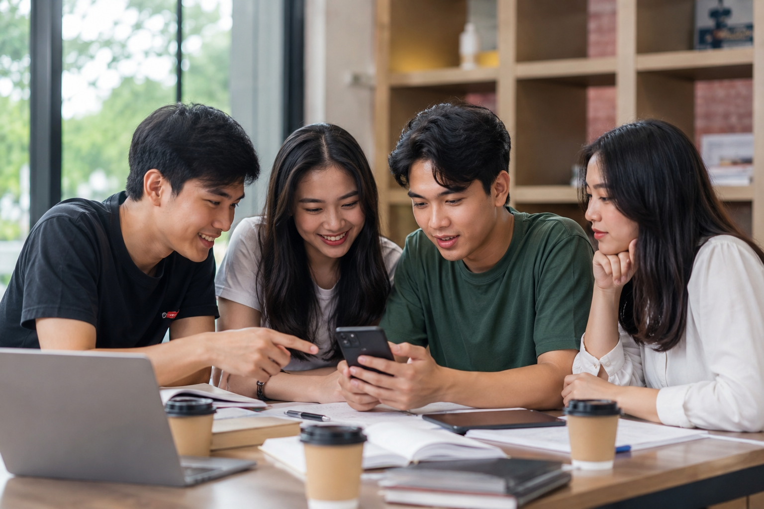 Sekelompok mahasiswa berdiskusi sambil melihat ponsel di meja belajar, memanfaatkan media sosial untuk berbagi informasi dan berkolaborasi