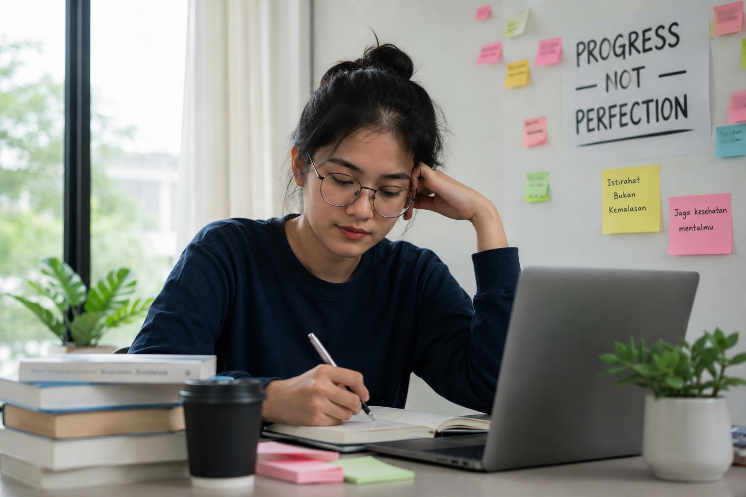 Mahasiswi sedang belajar dengan fokus di depan laptop sambil menulis catatan, menggambarkan pentingnya menjaga keseimbangan antara produktivitas dan kesehatan mental untuk mencegah silent burnout